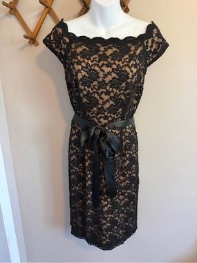 Connected Apparel Black Lace Dress Satin Bow Sheath Knee Length 12